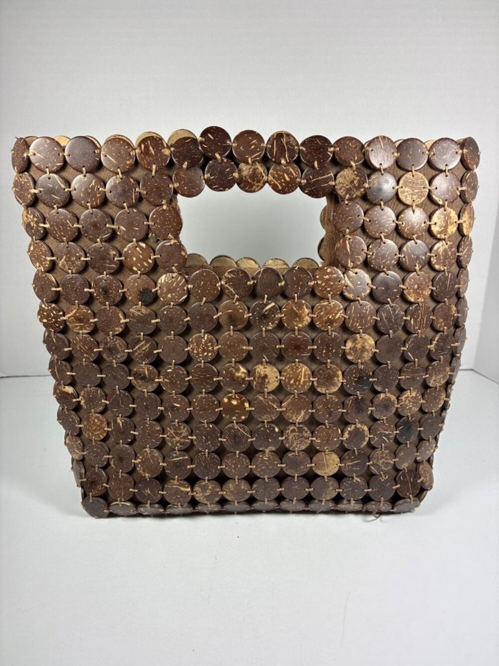 Vintage The Limited Coconut Shell Disc Purse Handbag Brown Boho 10" x 10" - Picture 3 of 10